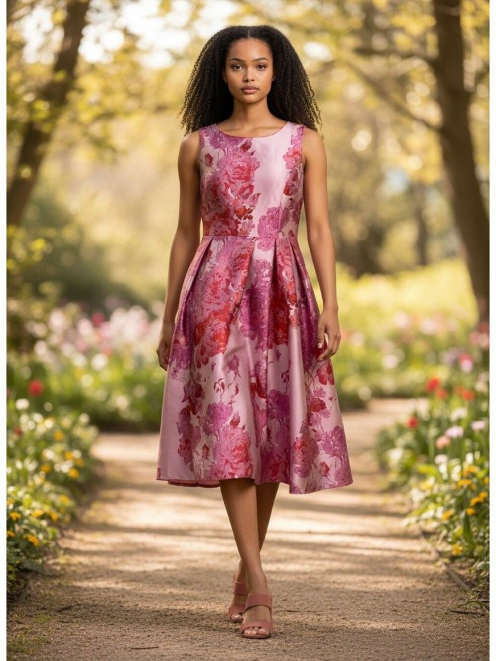 White House Black Market Floral Fit Flare Dress Womens 10 Pink Jacquard NWT